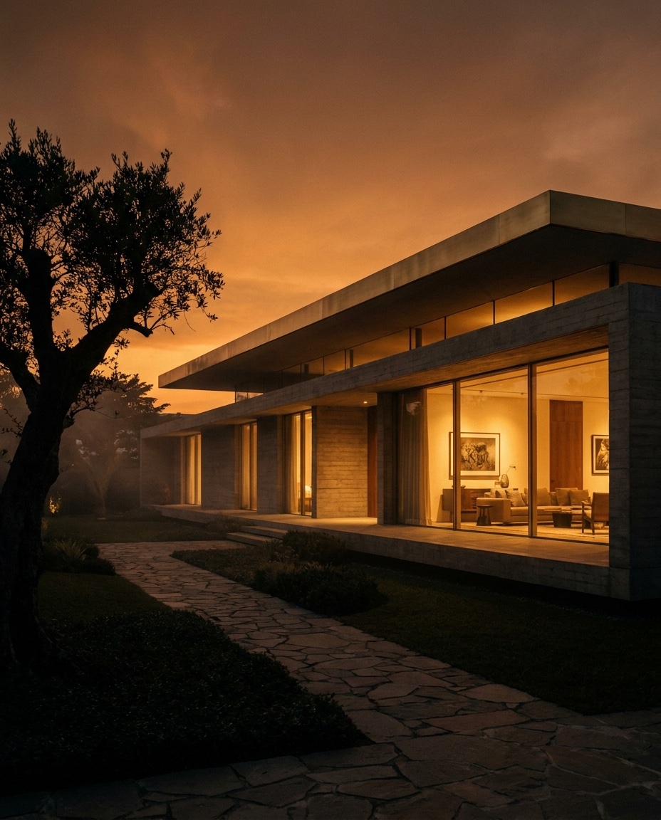 Contemporary residence interior study in warm evening light