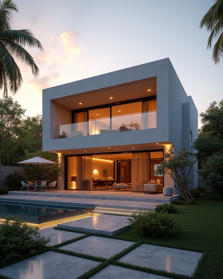Contemporary residence with pool and landscaped garden at dusk